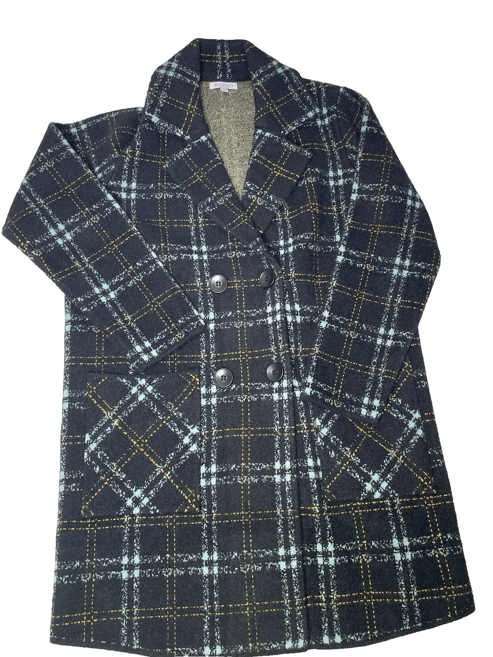 Baciano Women’s Plaid Sweater Coat Black Blue Mustard Double Breasted Longline
